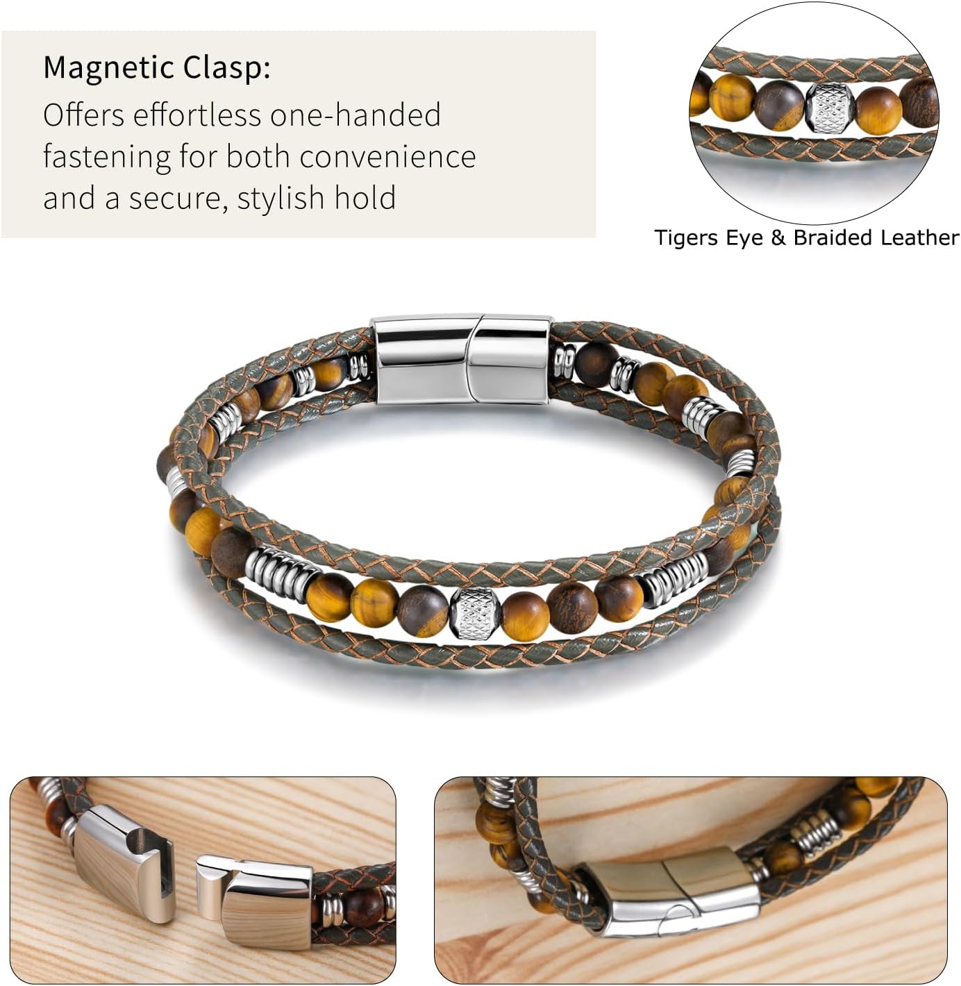 TRUMIUM Beaded Leather Bracelet for Men Women Braided Natural Tiger Eyes Men's Bracelets Brown Multi-Layer Jewelry for Him 7.5/8.3/9 Inch Length - Image 3
