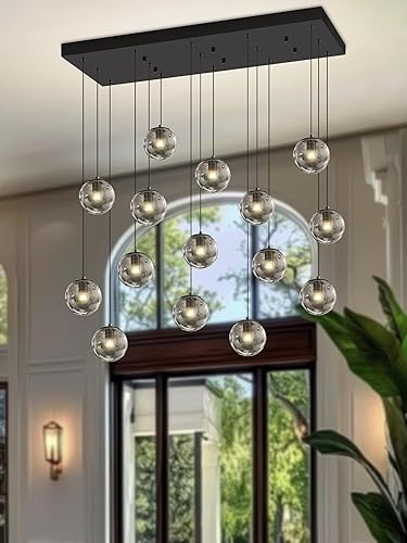 Miniatura 296 de Escalera LED de 10 luces LED moderna con globo de cristal, lámpara colgante grande para techos altos, accesorios de iluminación de entrada, villas y