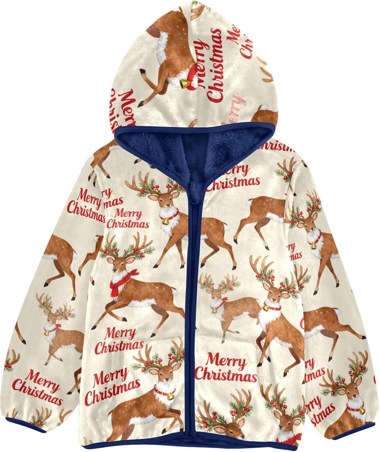 Merry Christmas Brown Elk Toddler Winter Jackets Outerwear Jackets Navy Blue Baby Zipper Hoodie