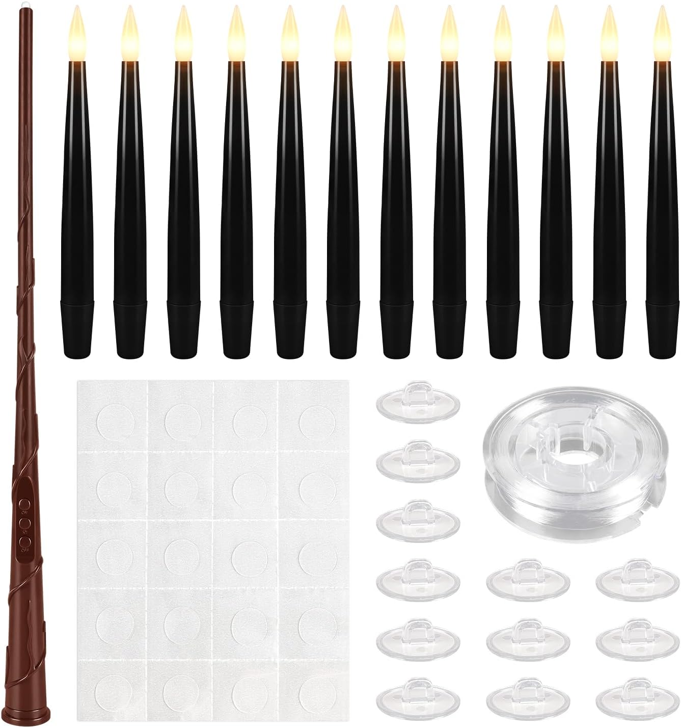 12 Pack Black Floating Magic Wand Candles with Warm LED Lights, Hanging Wizard Candles for Halloween Decorations, Wizard Theme Party, Haunted House, Christmas and Indoor Ceiling Decor