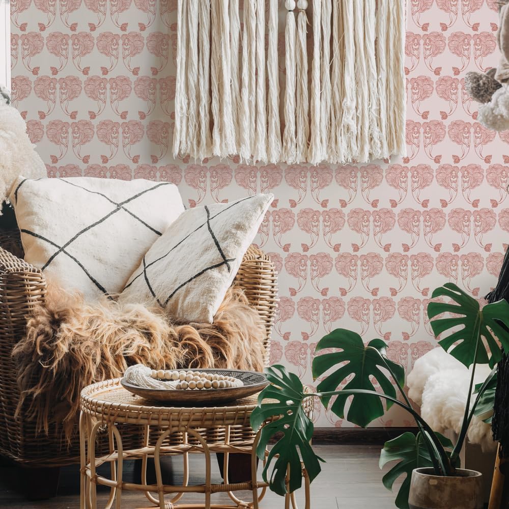 Tempaper Pink Block Print Mermaids Removable Peel and Stick Coastal Wallpaper, 20.5 in X 16.5 ft, Made in The USA