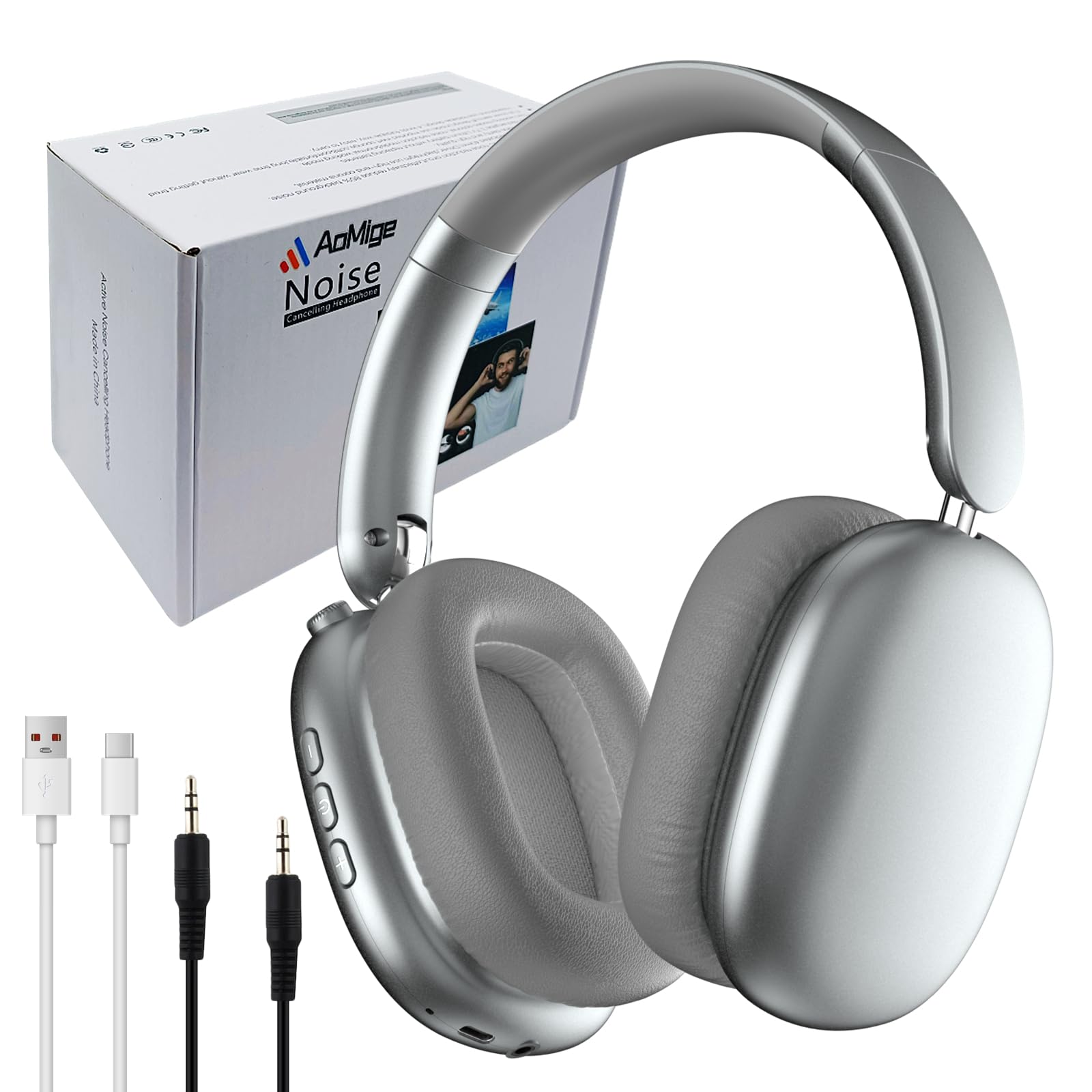 AoMige 2.4GHz Wireless Adjustable Over-Ear Foldable Headphones-Multiple Modes,5.4 Bluetooth,ANC Active Noise Cancelling,Hi-Res Stereo Sound,40H Playtime Volume Controllable Headphon (Silver)