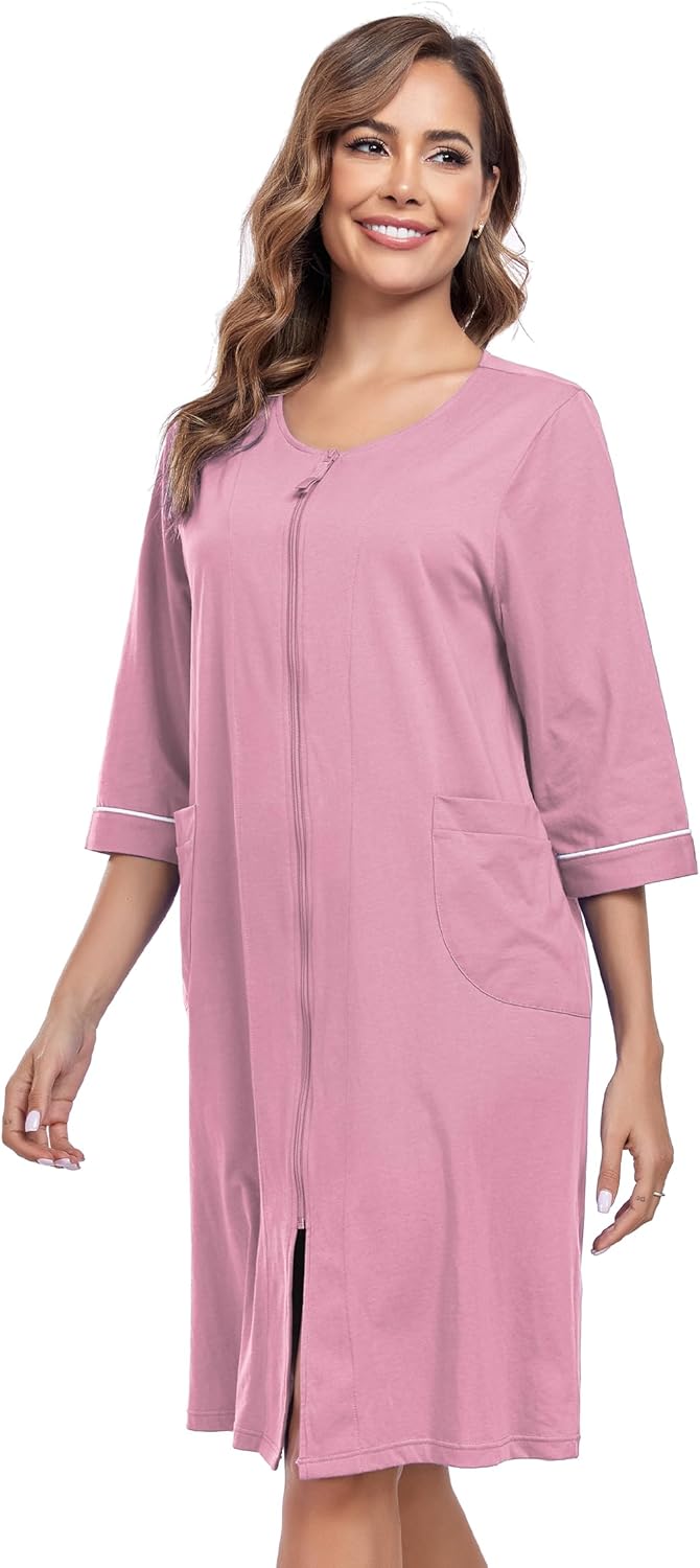Women's 100% cotton Robe lightweight with 3/4 sleeves zip front Knee Length Loungewear with Pockets