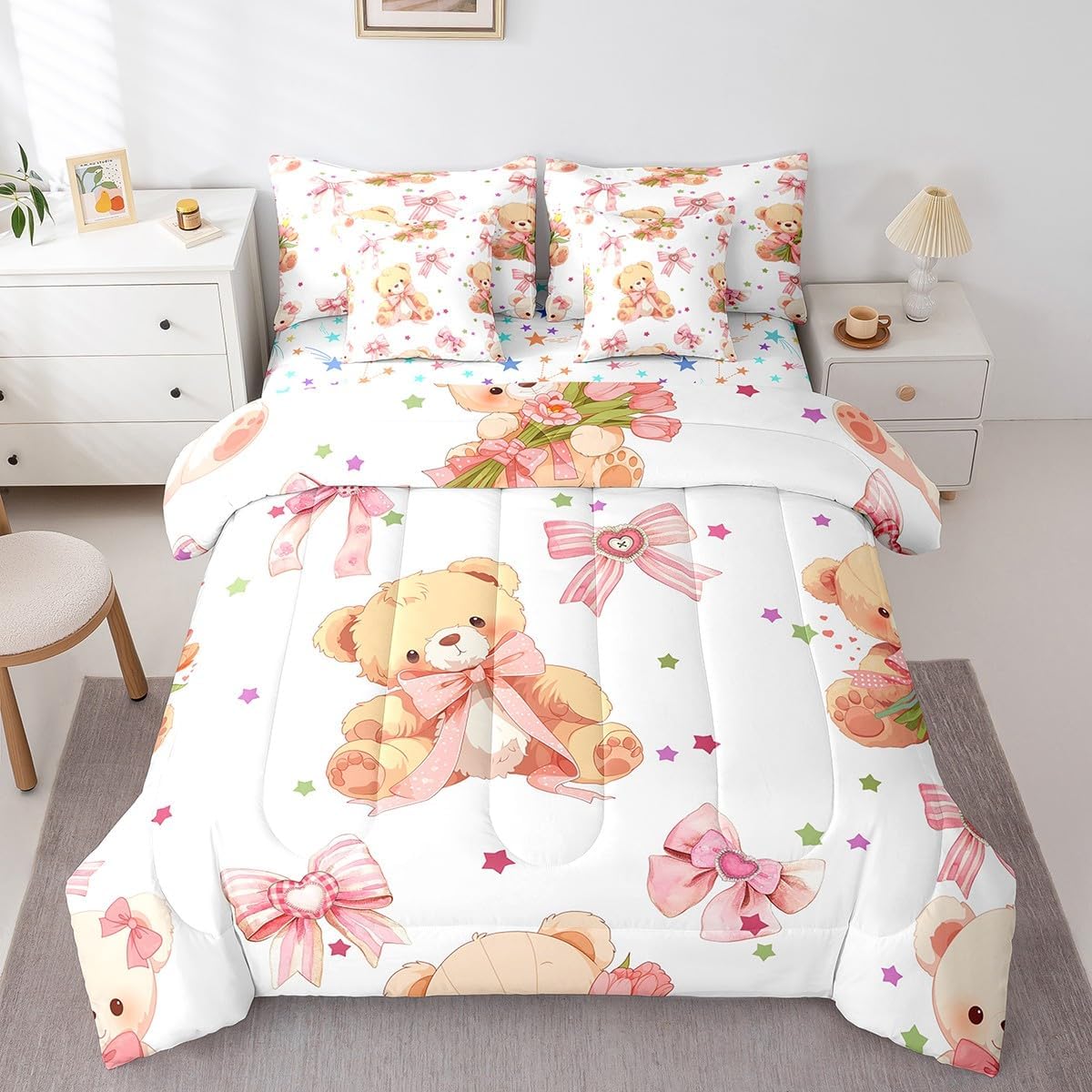 Feelyou Pink Bowknot Bedding Set All Season Queen Size Cute Bear Comforter Set 7 Pieces Dreamy Princess Style Toy Bear Cute Bow Girly Bed in a Bag Flower Bed Set with Comforter, Sheet Set, Pillowcases