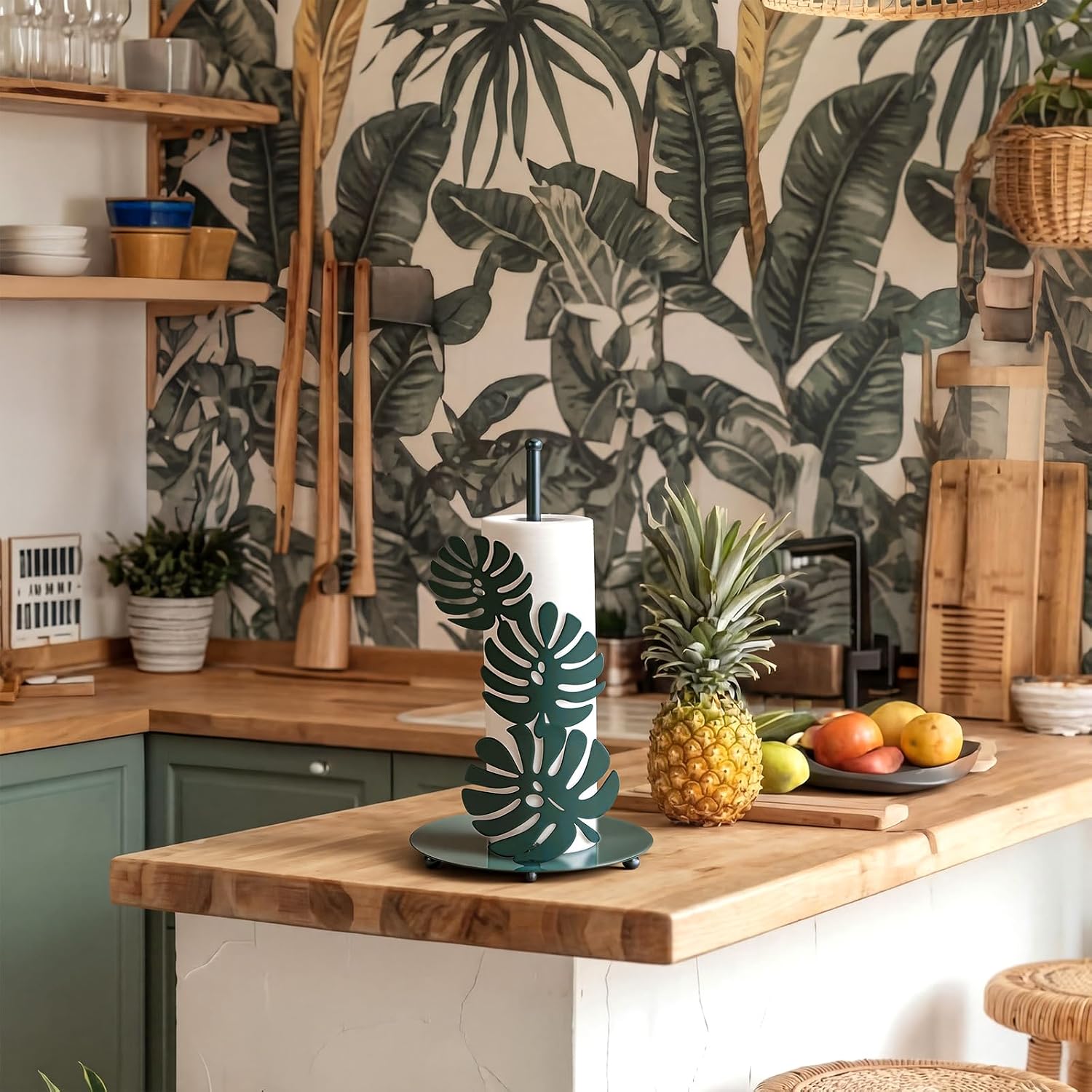Shimeyao Monstera Leaf Metal Paper Towel Holder Farmhouse Tropical Palm Leaves Kitchen Decor Accessories Large Metal Towel Holder Stand for Kitchen Bathroom Home