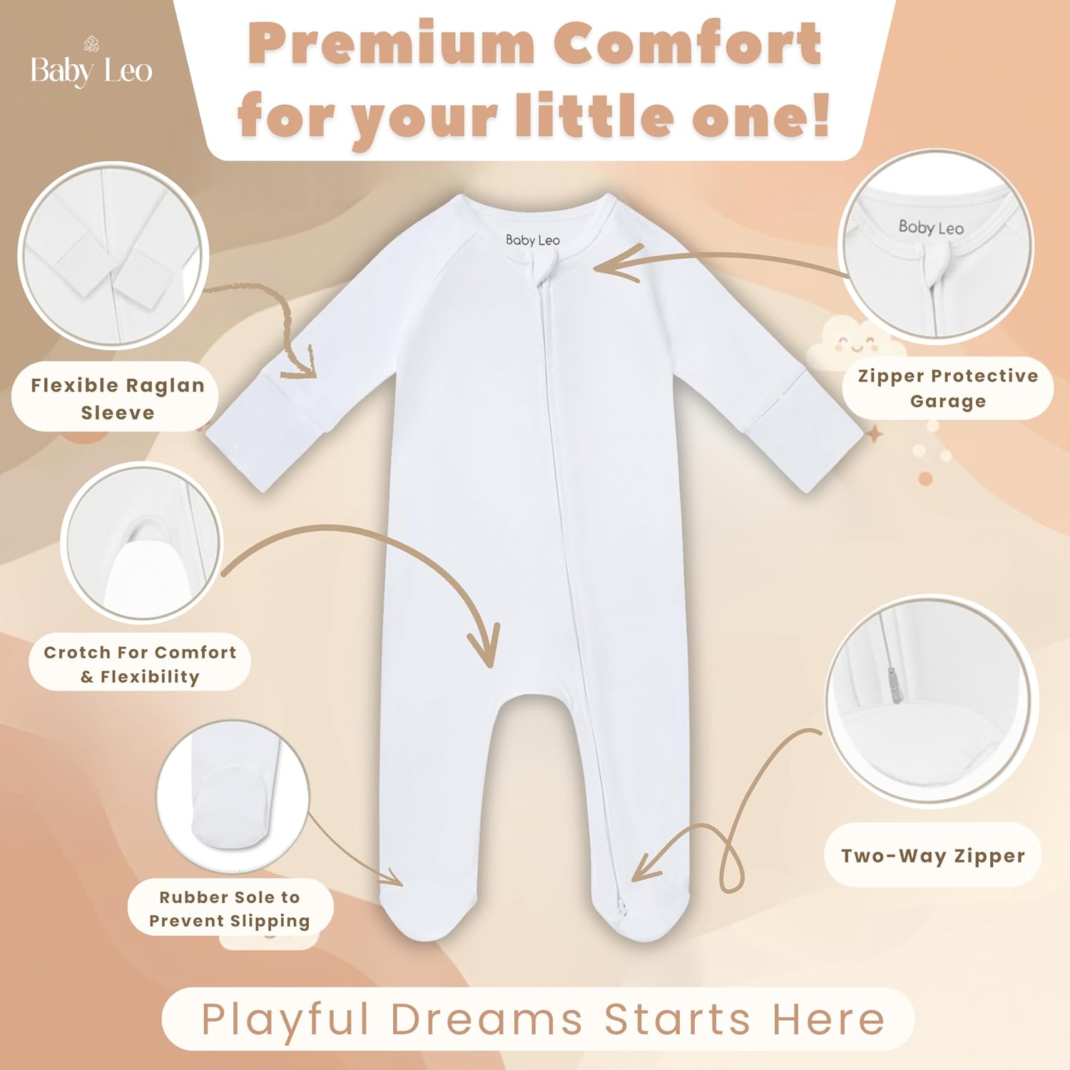 Baby Leo Unisex Pajama – Double Zipper 100% Cotton Long Sleeve Footie Pj