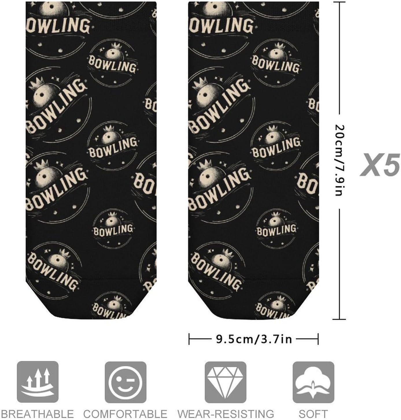 Bowling Bowler No Show Ankle Socks Low Cut Non Slip Flat Boat Line 5 Pairs Set