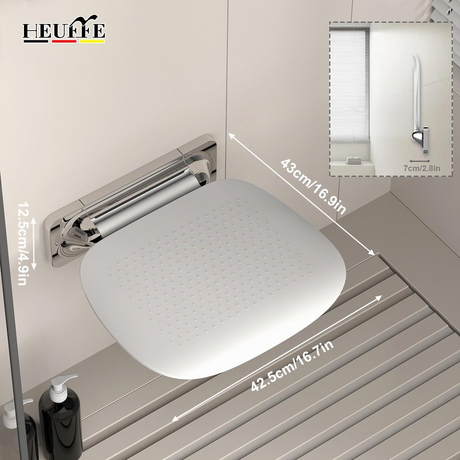 Sedile Doccia Pieghevole con Montaggio a Parete e Ampia Seduta - Sgabello da Bagno Ergonomico Antiscivolo per Anziani e Disabili, Portata Massima 180 kg, Bianco