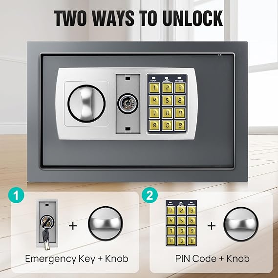 Electronic Digital Safe Box Fireproof Waterproof Steel Cash High Security Code Lock Key Safe 8.5L Gray