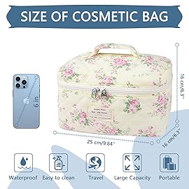 Large Travel Quilted Makeup Bag for Women,Big Floral Cotton Cosmetic Bag, Cute Coquette Aesthetic Floral Toiletry Organizer Bag (Pink pattern)
