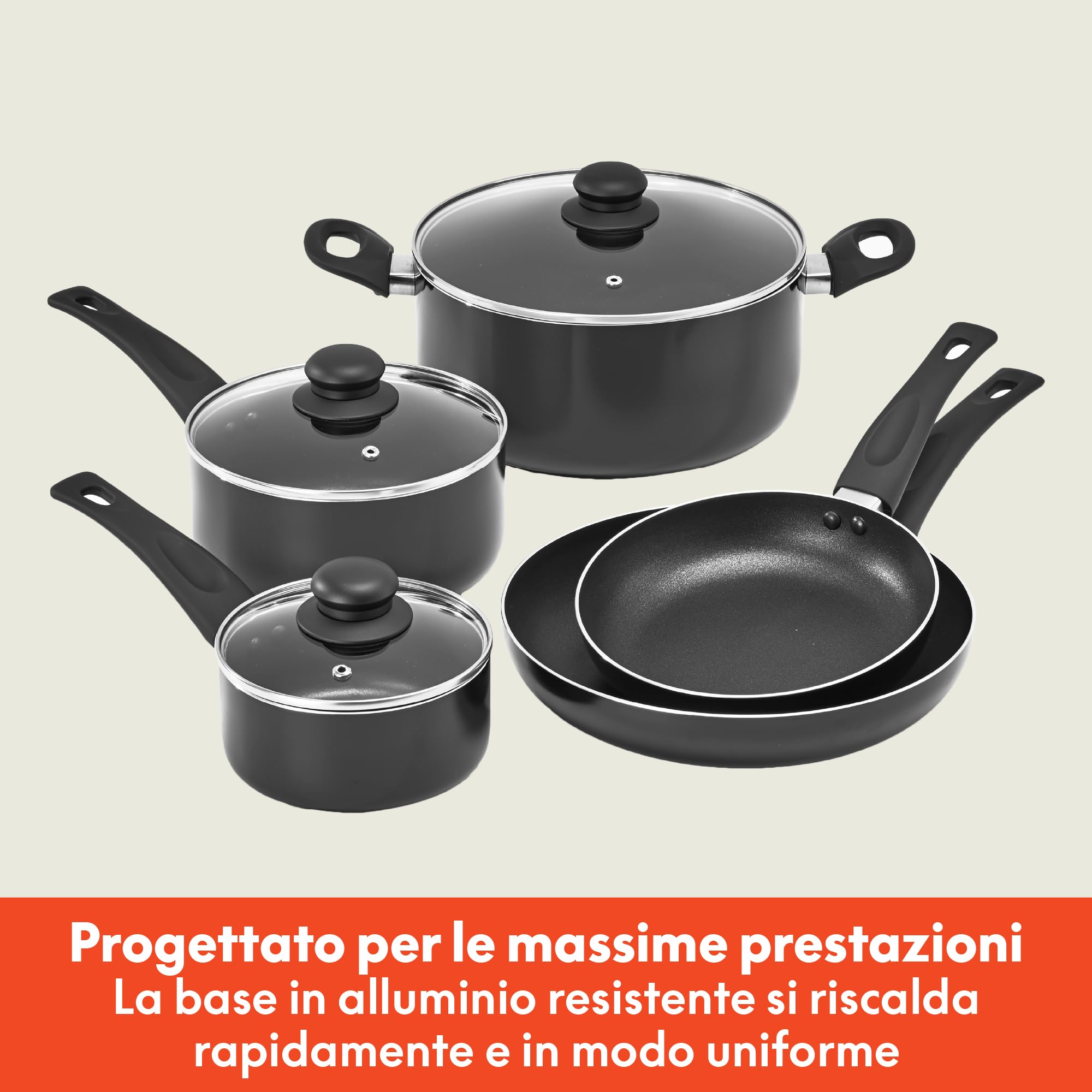 bella Set di pentole, 12 pentole e padelle con utensili, antiaderenti, senza PFOA, antigraffio, superficie di cottura compatibile con tutti i fornelli, nylon e alluminio, nero