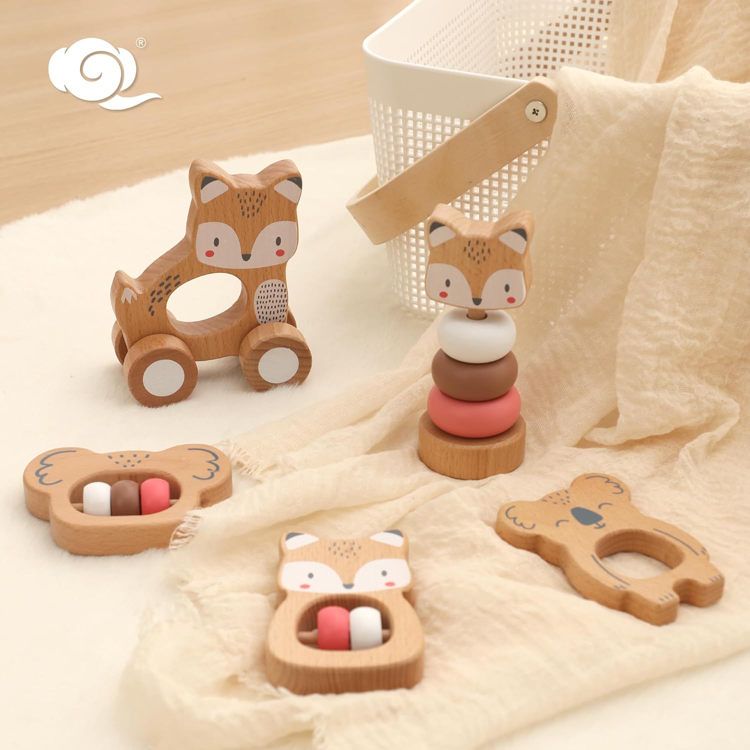 FReniland Wooden Montessori Baby Toys Set, 5-Piece Newborn Gift Set with Koala Rattle, Fox Stacking Rings & Push-Pull Toy for Boys and Girls - Image 7