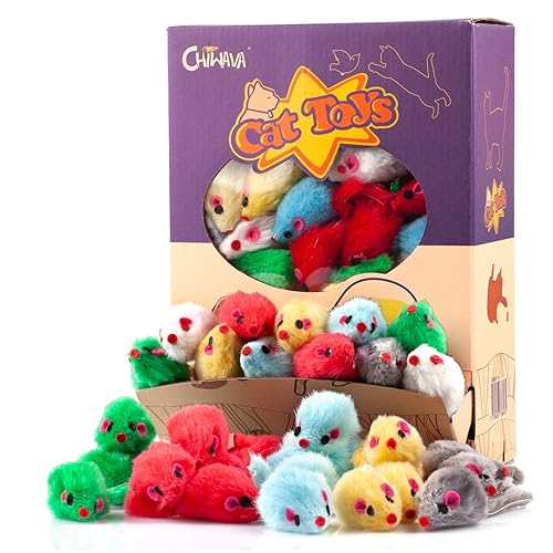 CHIWAVA 60PCS 4.1'' Furry Cat Toy Mice Rattle Small Mouse