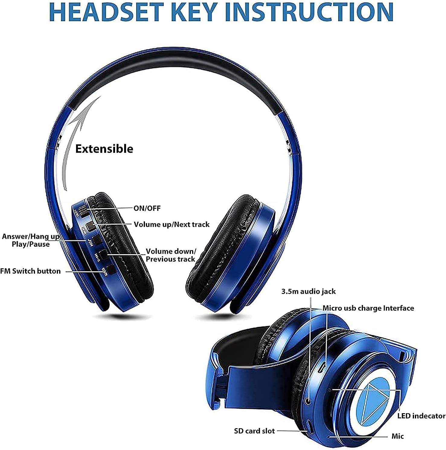 Nakano Miku Cuffie Bluetooth Quintuplets Quintessential con microfono integrato, auricolari wireless pieghevoli sopra l'orecchio, stereo Hi-Fi per Cosplay, blu