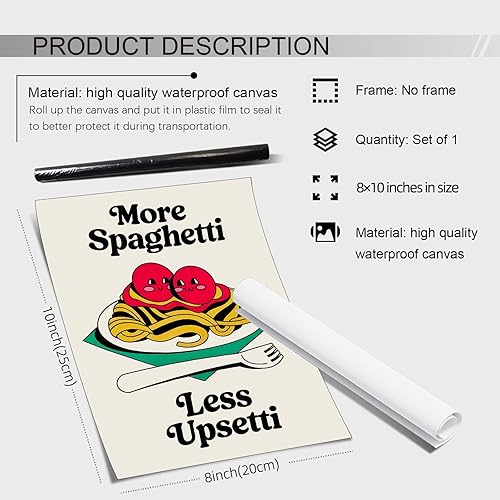 Miniatura 2 de CAXIYSH Arte de pared retro divertido de cocina y comida, póster de pasta lindo de moda, con frase "More Spaghetti Menos" Upsetti, impresiones en