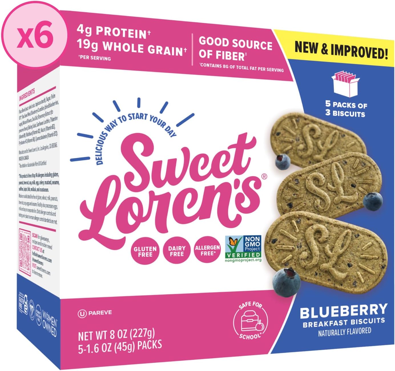 Sweet Loren's Vegan Breakfast Biscuits | Blueberry | 4g Protein, 19g Whole Grains | Plant Based, Gluten Free, Dairy Free, Nut Free Snacks | 6 Pack (90 Total Biscuits, 1.6 ounce each)