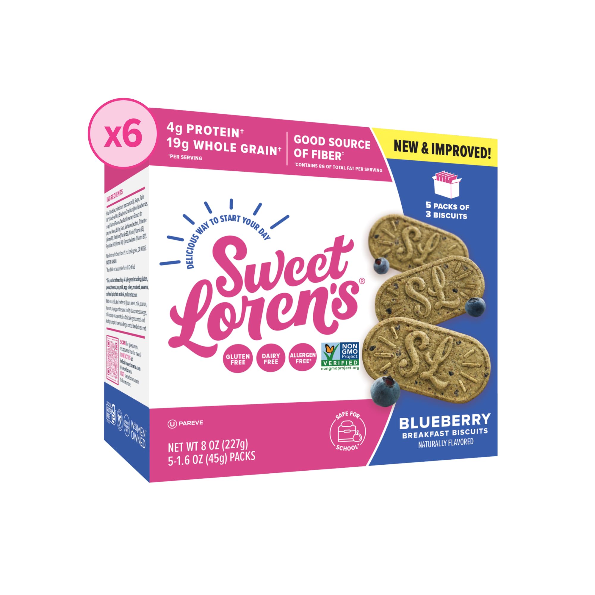 - Sweet Loren's Vegan Breakfast Biscuits | Blueberry | 4g Protein, 19g Whole Grains | Plant Based, Gluten Free, Dairy Free, Nut Free Snacks | 6 Pack (30 Total Biscuits, 1.6 ounce each)