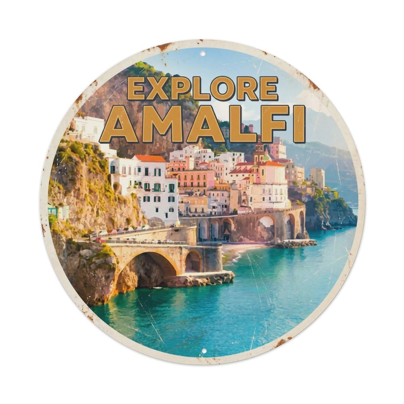 Coastal Italy Cliffside Village Panorama Travel Heritage Metal Tin Sign Plaque Wall Decor for Cafe, Man Cave, Club Bar, Office, Home Garden Round Metal Poster 8x8Inch