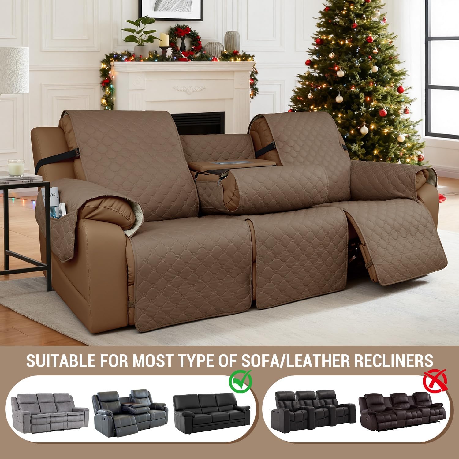 Waterproof Recliner Sofa Covers with Flipped Middle Backrest Washable Recliner Couch Covers Non-Slip with Elastic Straps Furniture Protector for Kid Dogs Pets (Gray Taupe)