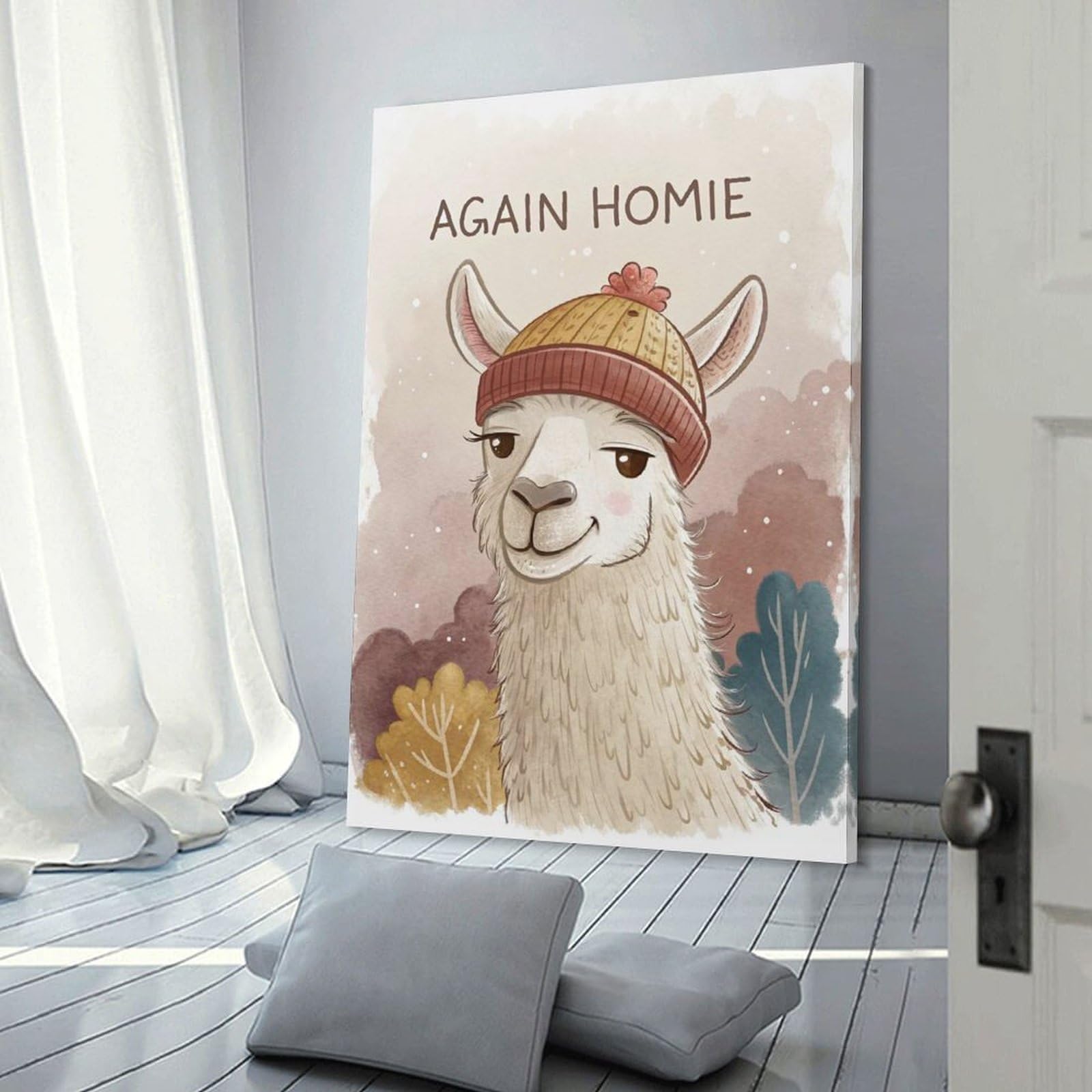 Junmoney Llama Wearing A Beanie Canvas Wall Decor, 20x30inch(50x75cm), for Gallery Wall Decor And Room Displays, Wall Decor Suited to Curated Displays