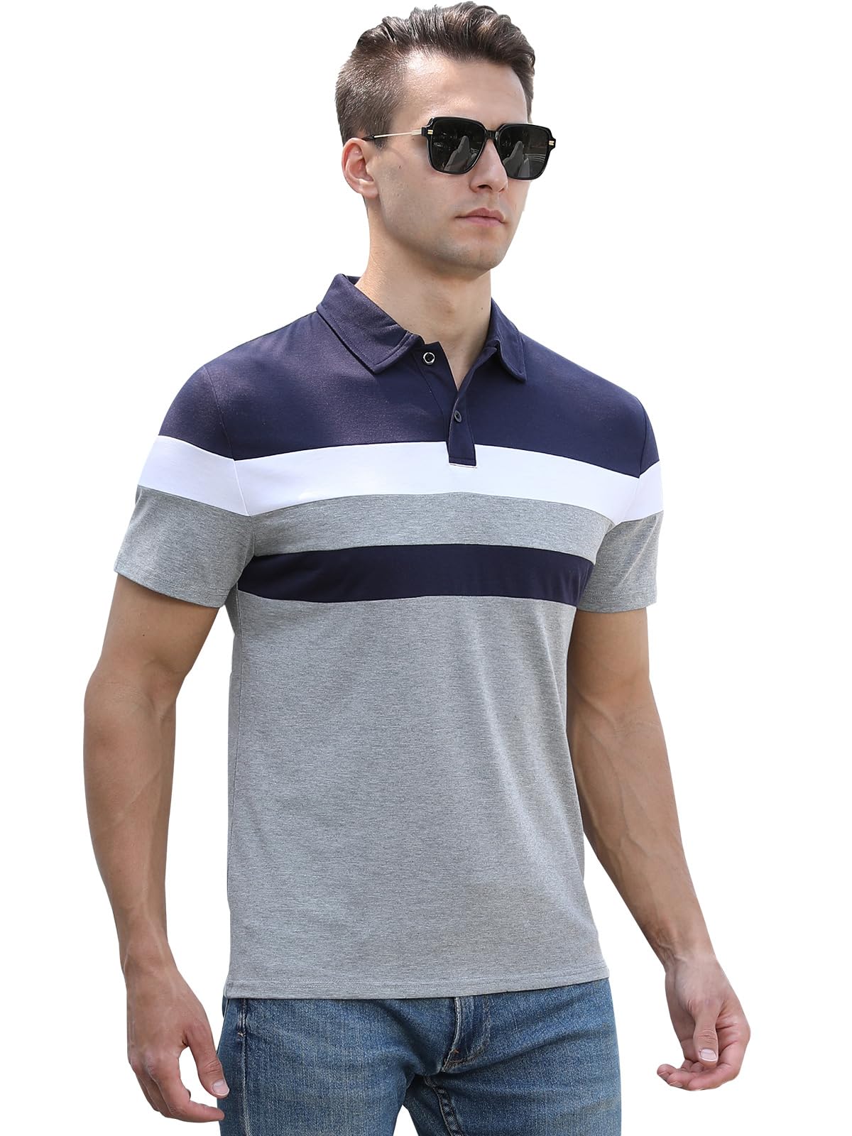 Polo Hombre Manga Corta Rayas Camisa Color en Contraste Poloshirt Casual
