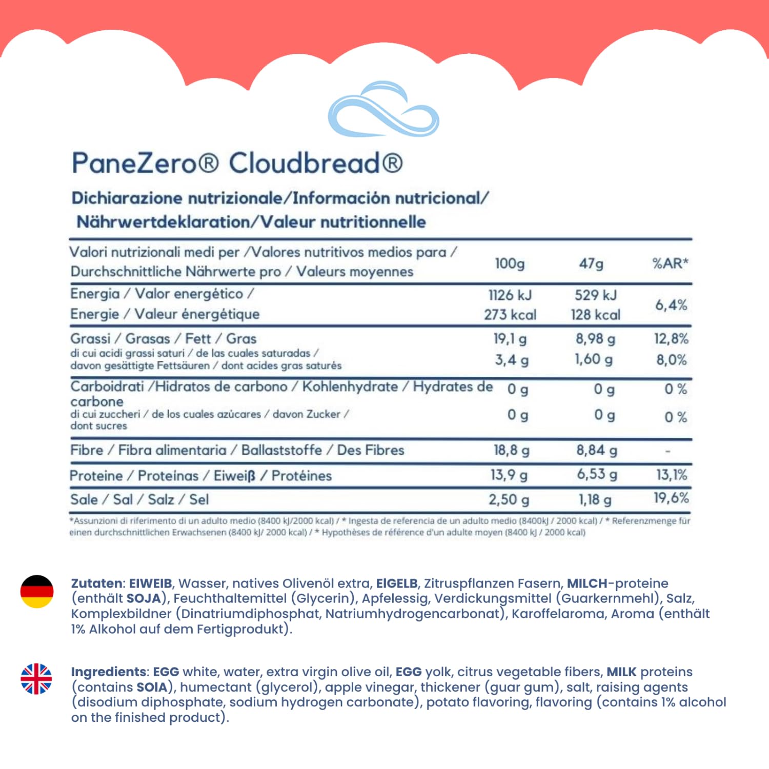 Nuvola Zero – Pane Zero Cloudbread, Brötchen Ohne Kohlenhydrate, Zuckerfrei, Laktosefrei, Reich an Ballaststoffen und Proteinen, Glutenfrei, 12er-Packung, Made in Italy