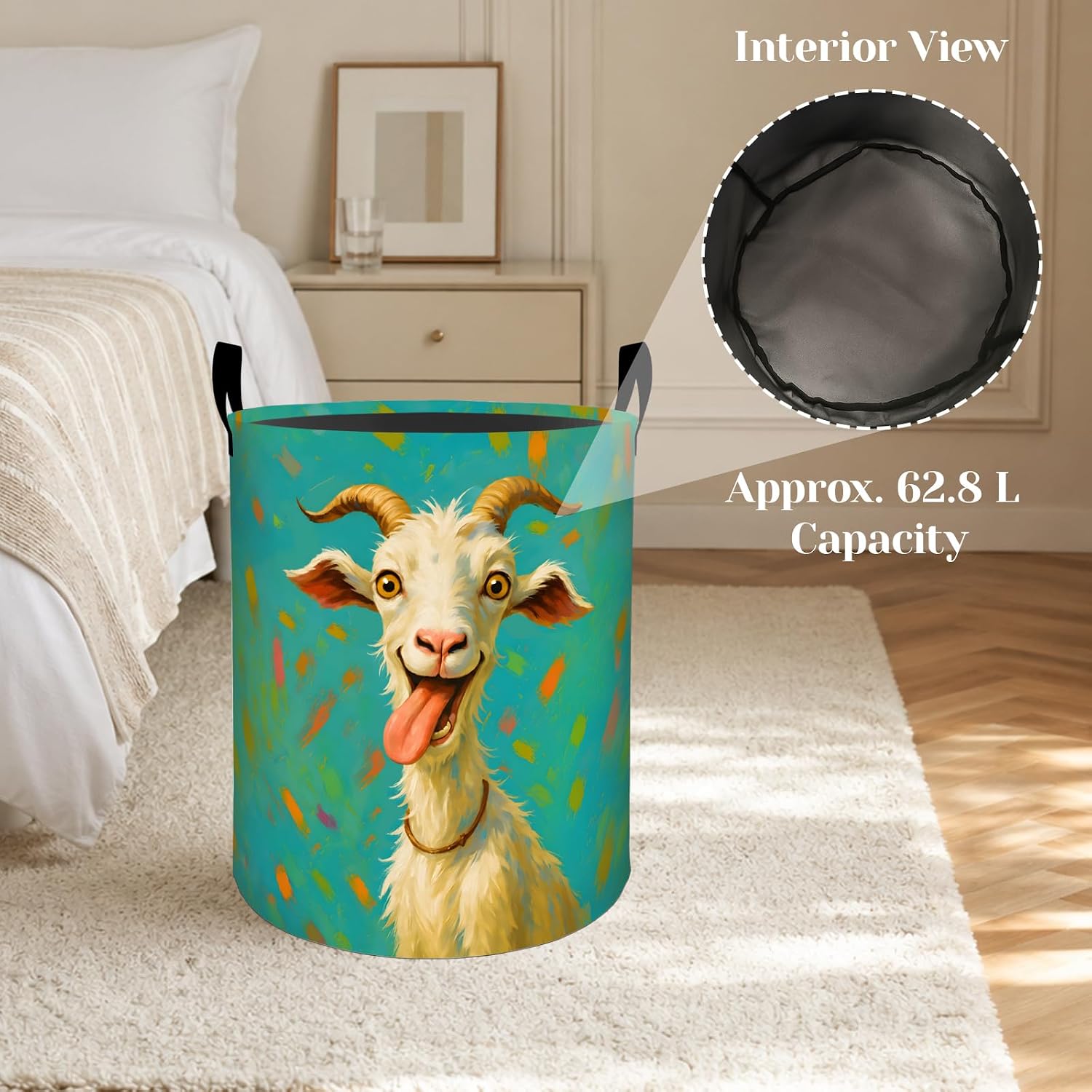 Funny Goat Laundry Basket, Colorful Teal Dirty Clothes Hamper, Abstract Animal Portrait Foldable Waterproof Oxford Cloth Storage Bin, Gifts for Bedroom Bathroom Home Decor, 19.7" x 15.7" image 4
