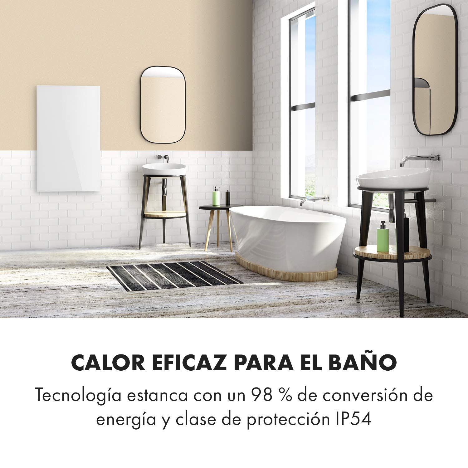 Klarstein Crystal Wall - Calefactor infrarrojo, Potencia 600 W, 12 m², Instalación en la pared, Apagado automático, Termostato, Protección IP54, 100 x 60 cm, Vidrio de seguridad endurecido, Blanco