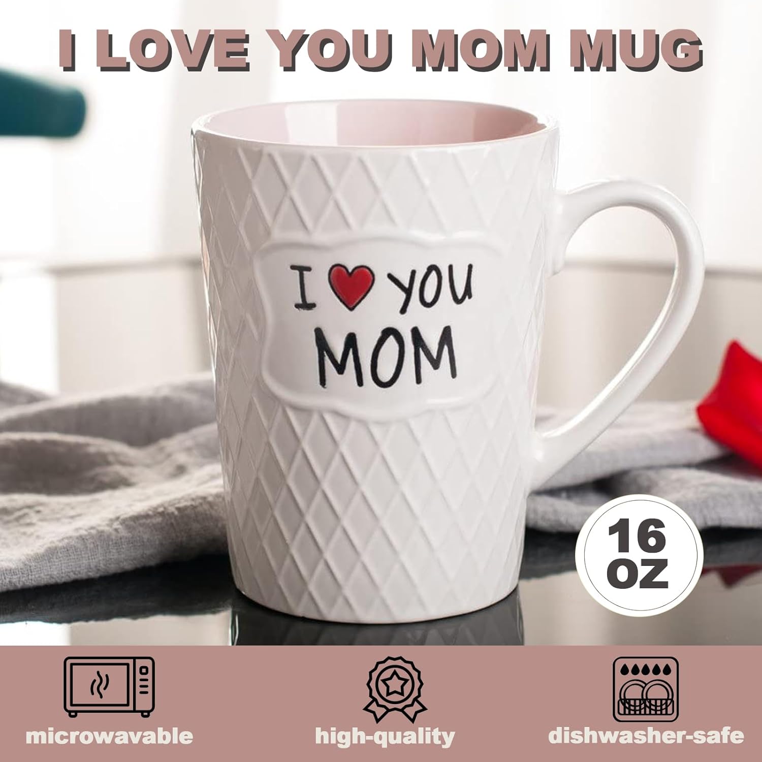 I Love You Mom Coffee and Tea Mug - Gift for Mother's Day, Valentine's Day, Christmas, Birthdays - Best Mom Ever - 16oz Ceramic, Microwave-Safe - Image 3