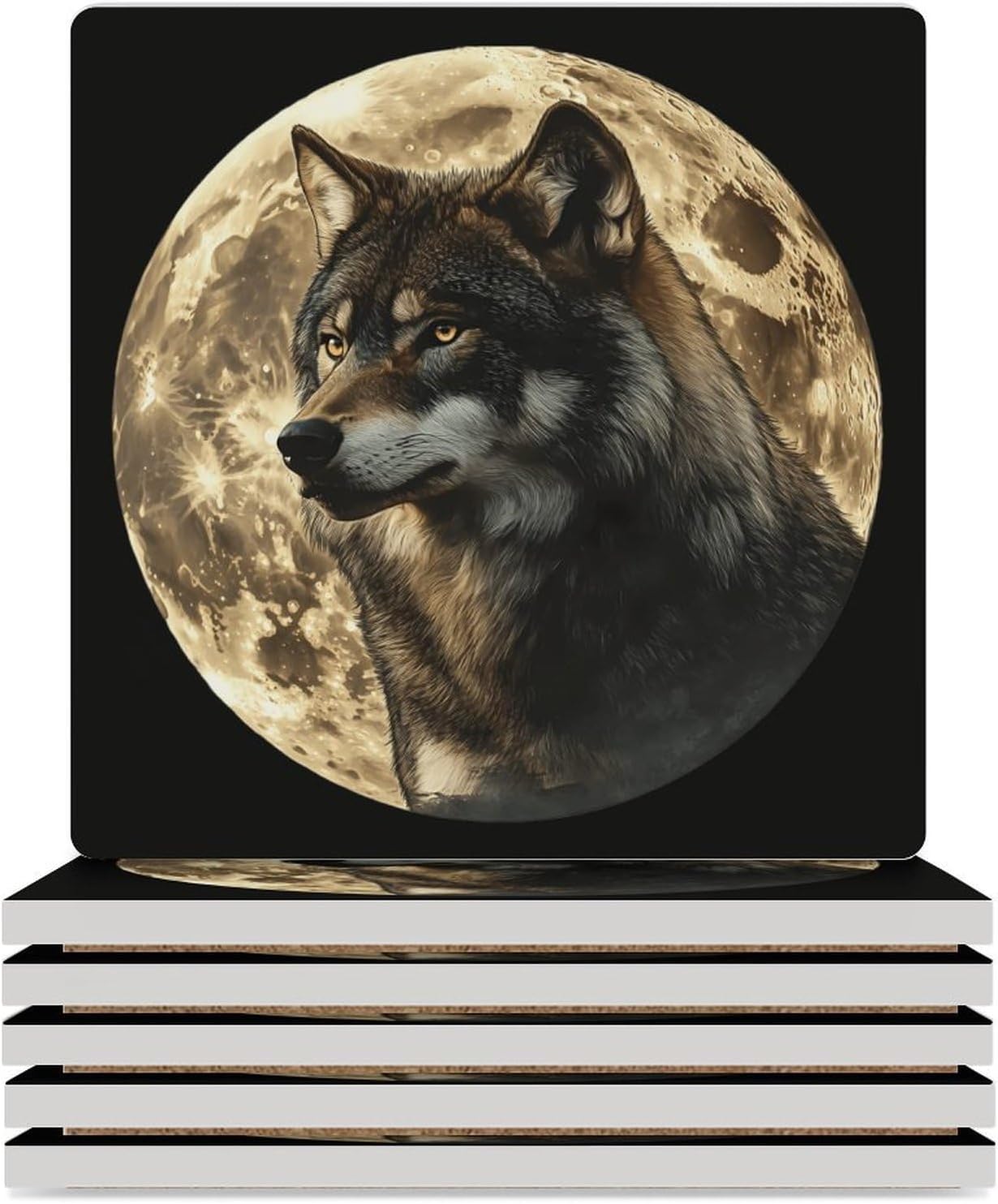 Wolf and Moon Funny Ceramic Coasters for Drinks Absorbent Cup Holder Tabletop Protector with Cork Base