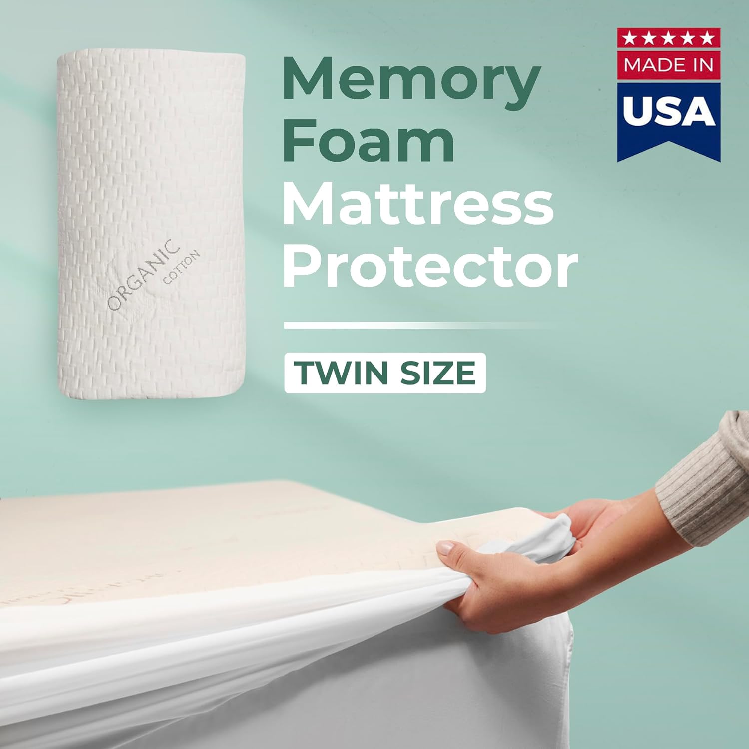 Memory Foam Mattress Protector – Organic Cotton with Eco-Friendly Greenshield Water Resistance – Kool-Flow Breathable Stretch Fabric – All USA Made – Best for Plush Beds – Twin