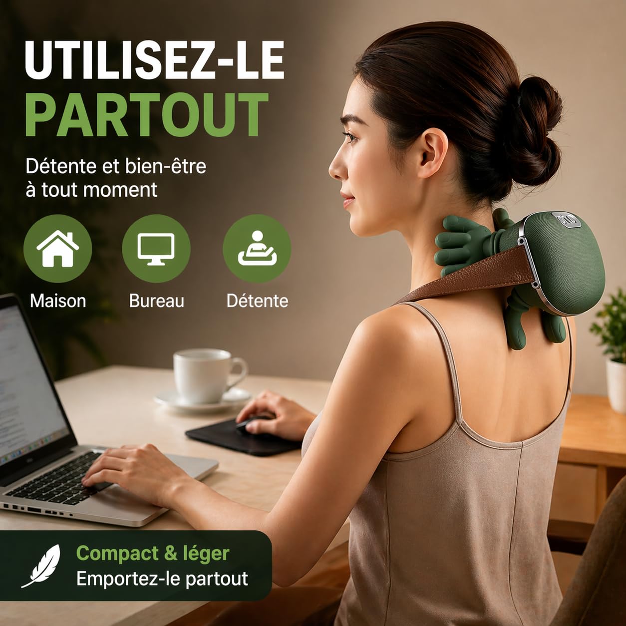 Masseur Cervical et Épaules Électrique – Massage Profond 3 Niveaux + Chaleur 2 Niveaux – Sans Fil Rechargeable 2000 mAh – Appareil de Massage Portable Cou, Dos, Jambes