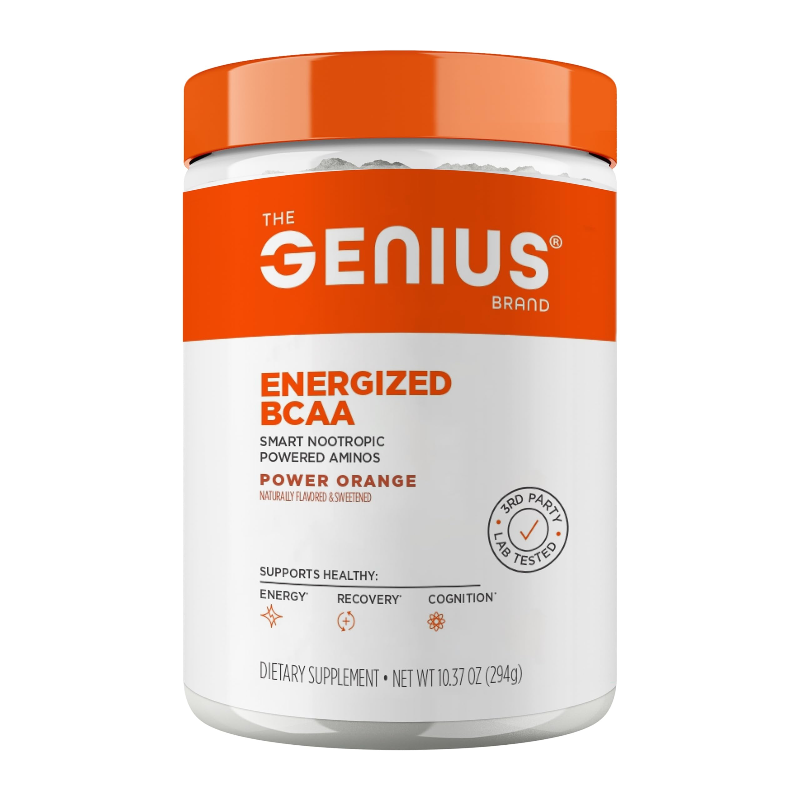 Genius BCAA Powder - 5g Vegan BCAAs L-Glutamine, Cognizin & Rhodiola Muscle Recovery Energy Support 100mg Caffeine Pre, Intra, Post-Workout Nootropic Supplement for Focus & Performance - Orange