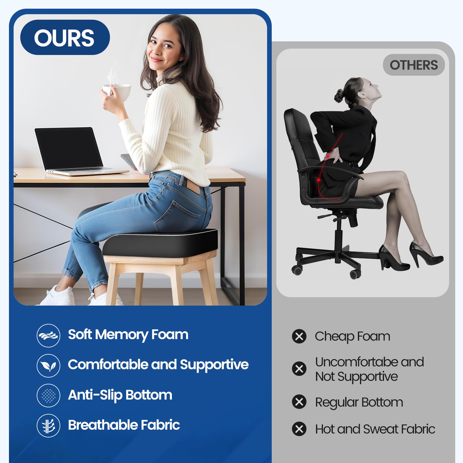 SweetSlubr Seat Cushion for Tailbone Pain Relief Office Chair Cushion Memory Foam Large Chair Cushion with Non-Slip Cover — view 5