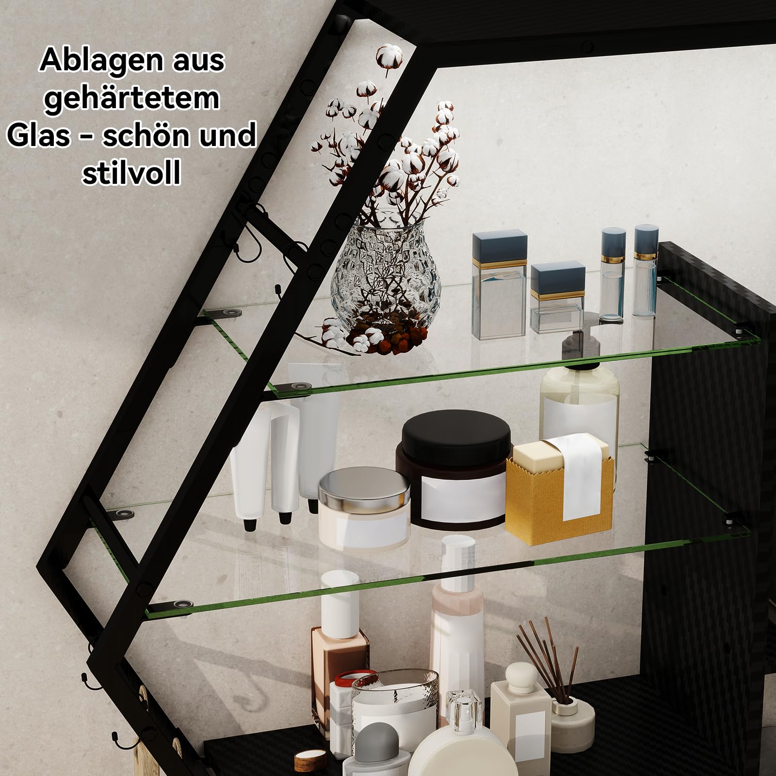 YU YUSING Schwebende Regale mit RGB 7 Farben, Wandregal Gaming Display-Regale mit 8 Haken, Wandvitrine mit 2 Glasböden, Hängevitrine für Schlafzimmer Spielzimmer-Dekoration, Hexagon Carbonfaser-Finish