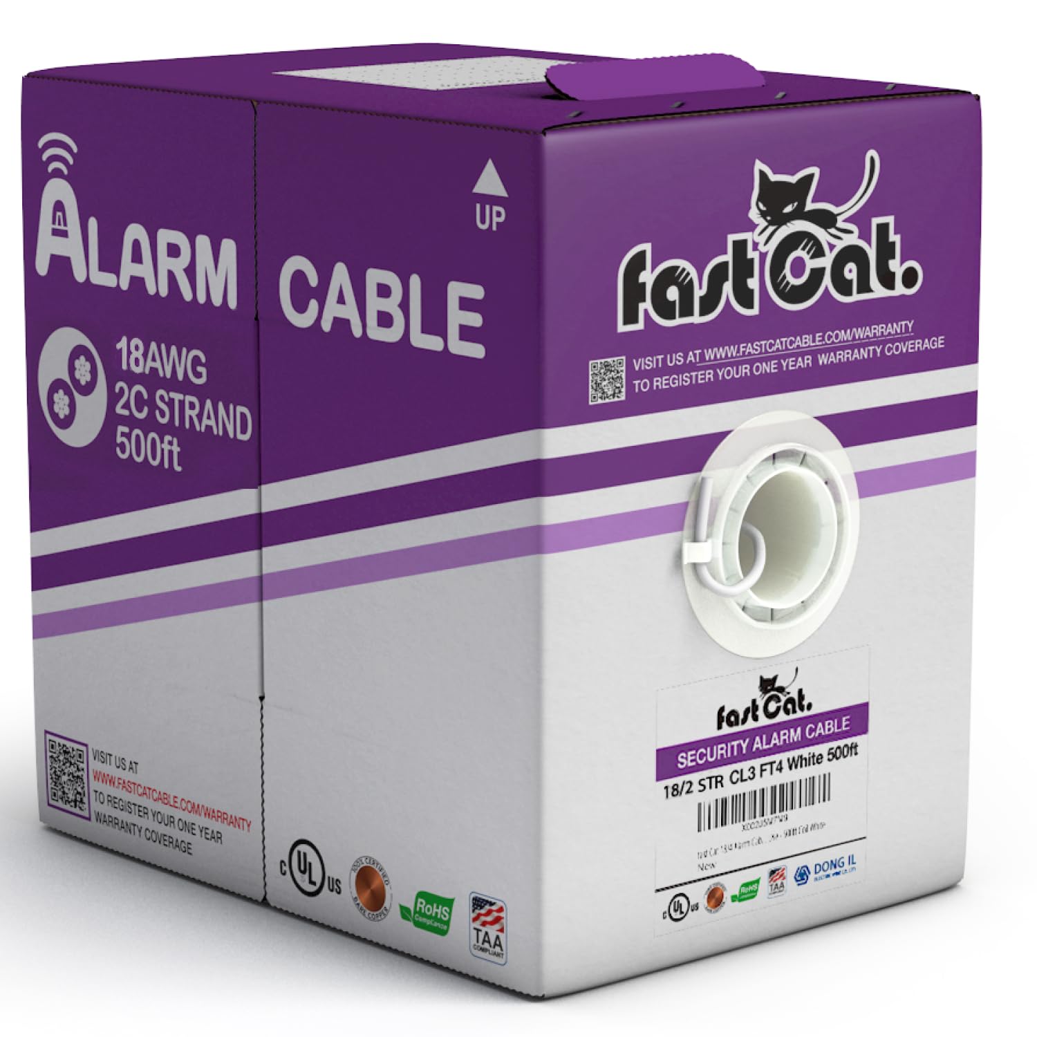 fast Cat. Solid Copper Fire/Alarm Wire/Security Cable - PVC Jacket, Unshielded, (CMR-CL3R-FT4) Rated in-Wall Use- UL Rated - 500Ft Coil (18AWG 2C STR