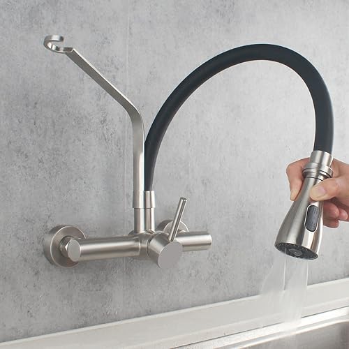 Miniatura 5 de Grifo de cocina comercial de montaje en pared con rociador desplegable Centro de 8 pulgadas, cepillo de acero inoxidable, níquel para restaurante,