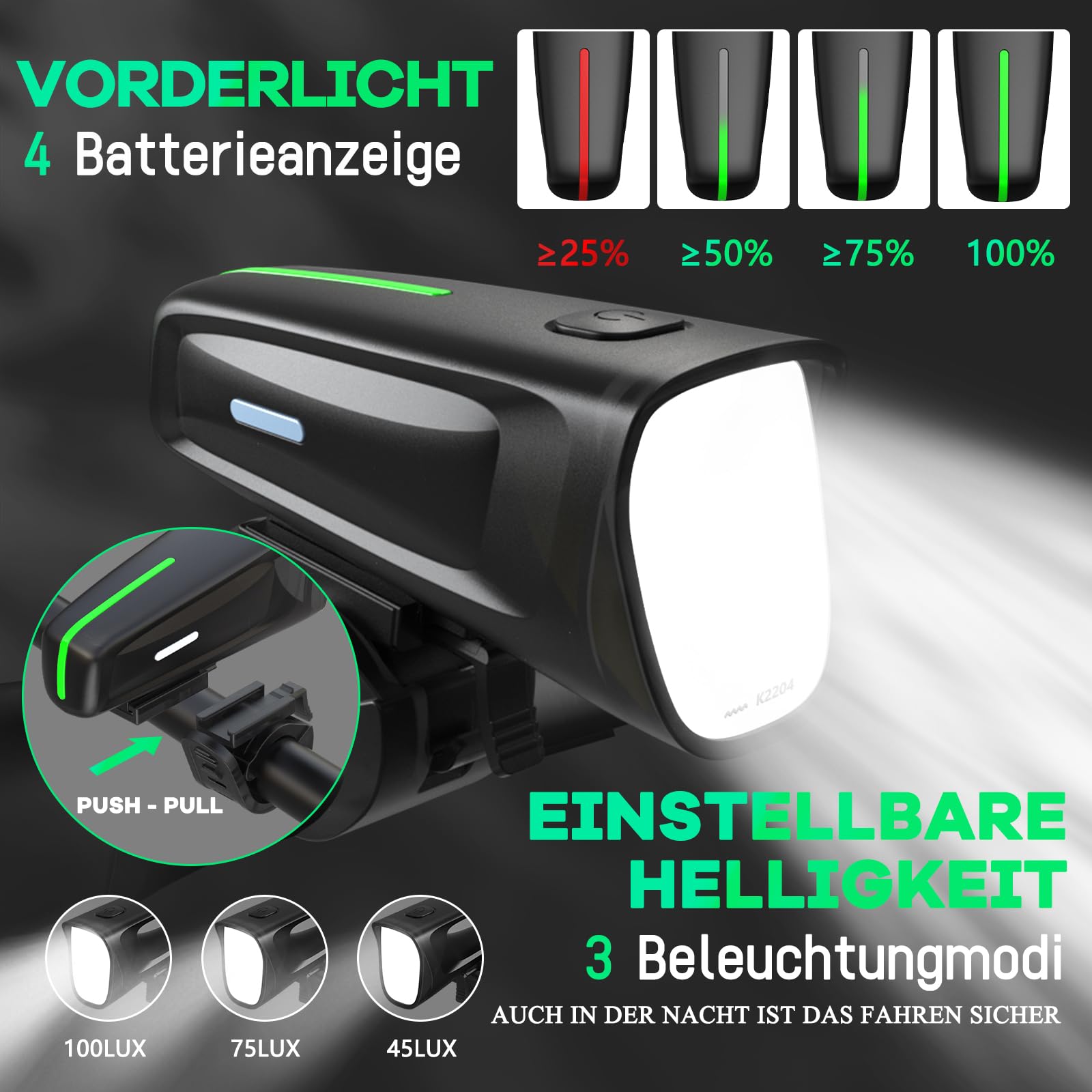 Luce anteriore a LED per bicicletta, 100 Lux, omologata StVZO, illuminazione per bicicletta, ricaricabile tramite USB, IPX5, impermeabile, luce anteriore per bicicletta, con batteria richiesta