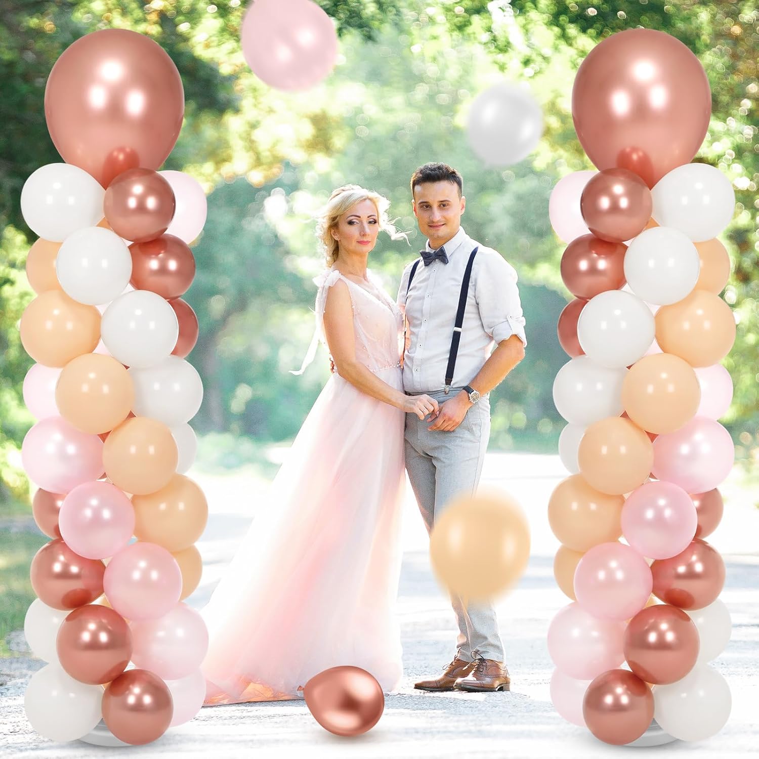 Jenaai 2 Sets 163 Pcs Pink Metallic Rose Gold Balloons Column Stand Kit Bridal Party Latex Balloons Adjustable Tower Stand for Graduation Bridal Shower Wedding Engagement Mothers Day Birthday Decor