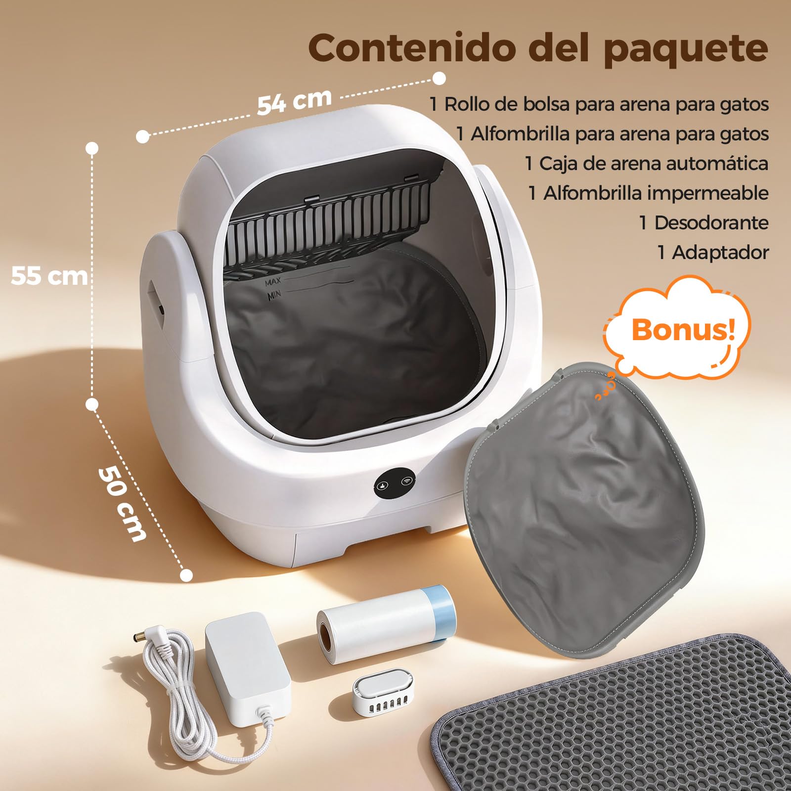 Arenero Gatos Autolimpiable Abierto, Ellenpent Caja de Arena Automática | Sin Olores e Higiénico, Capacidad Grande, Control por App, Seguro, Limpieza Rápida, Adecuado para Hogares con Varios Gatos
