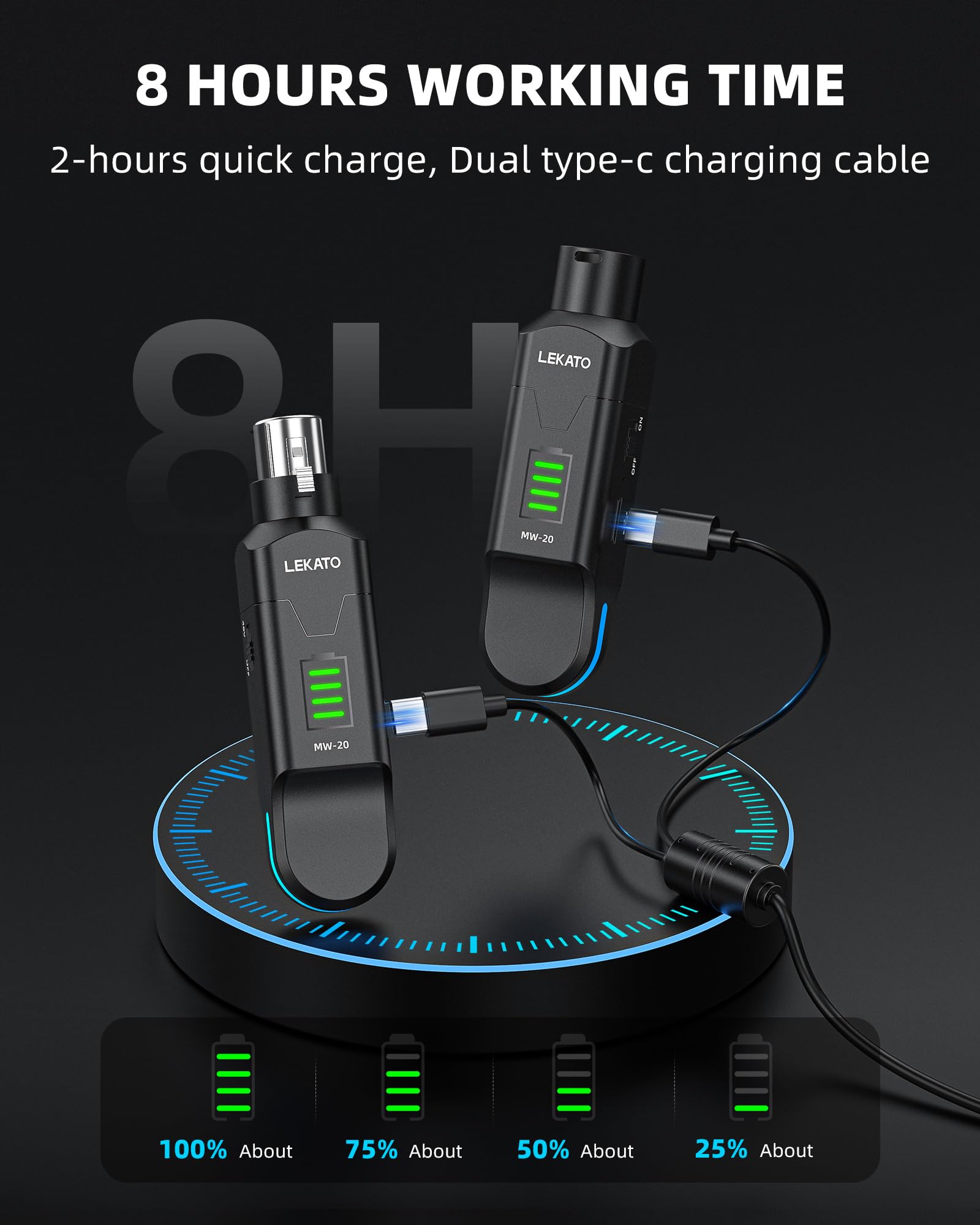 LEKATO Trasmettitore e ricevitore XLR wireless 2,4 GHz, alimentazione phantom 48 V, microfoni condensatore/dinamici, Plug & Play, runtime 8H per PA, mixer, performance live