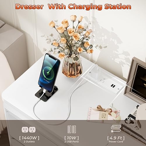 Miniatura 4 de Cómoda blanca de 6 cajones para dormitorio, cómoda larga de 47.2 pulgadas con estación de carga y luces LED, gabinete de almacenamiento doble de