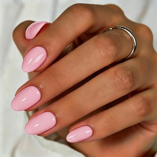 KQueenest Baby Pink Press On Nails Short Oval - Acrylic Press on Nails Short Almond, Sheer Pastel Rose Pink Fake Nails with Glue, Glossy Opaque, Reusable Soft Gel Glue on Nails for Women, 24 Pcs