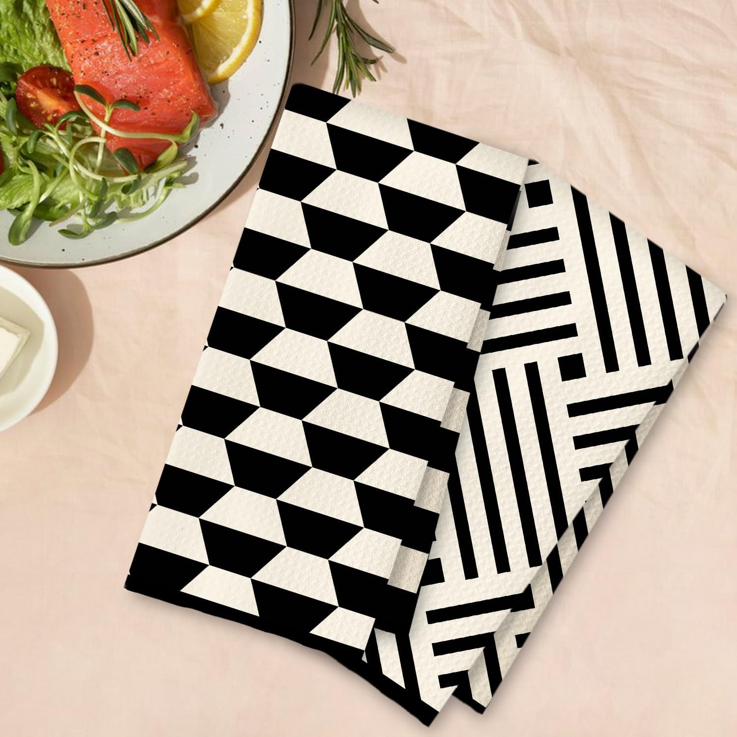 Black and White Kitchen Towels Set of 2, Boho Minimalist Abstract Dish Tea Towels for Kitchen Decor, Retro Mid Century Modern Hand Towels for Bathroom Decor, 16x24 Inches - Image 4