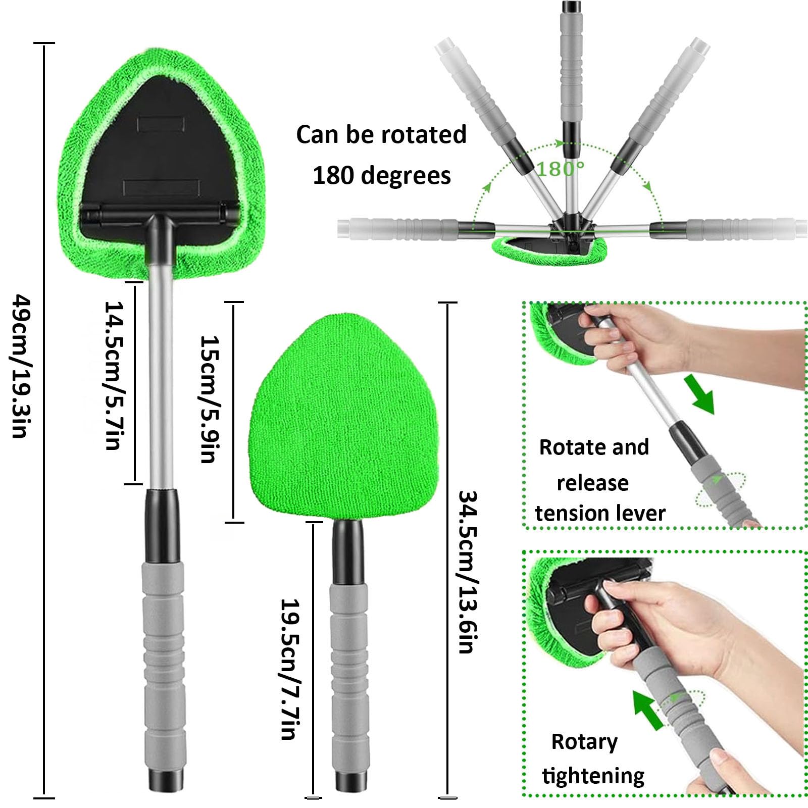 desin Windshield Cleaning Tool, Car Window Cleaner Windshield Cleaner with 4 Reusable and Washable Microfiber Pads and Extendable Handle Auto Inside Glass Wiper Kit (Green)