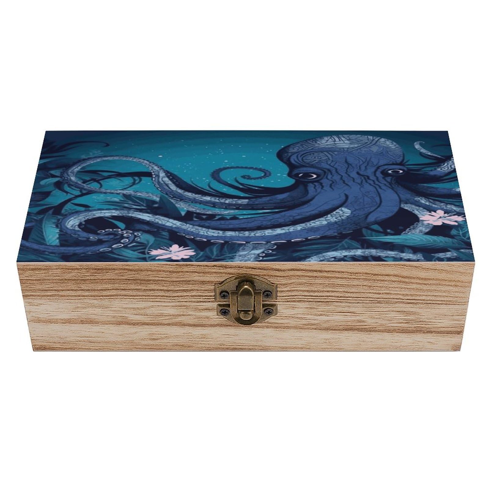 Blue Octopus Tentacles Illustration Wooden Keepsake Box with Hinged Lid Solid Wood Gift Boxes Beautifully Keepsake Box Jewellery Organiser Retro Memory Treasure Case with Lids Decorative Boxes