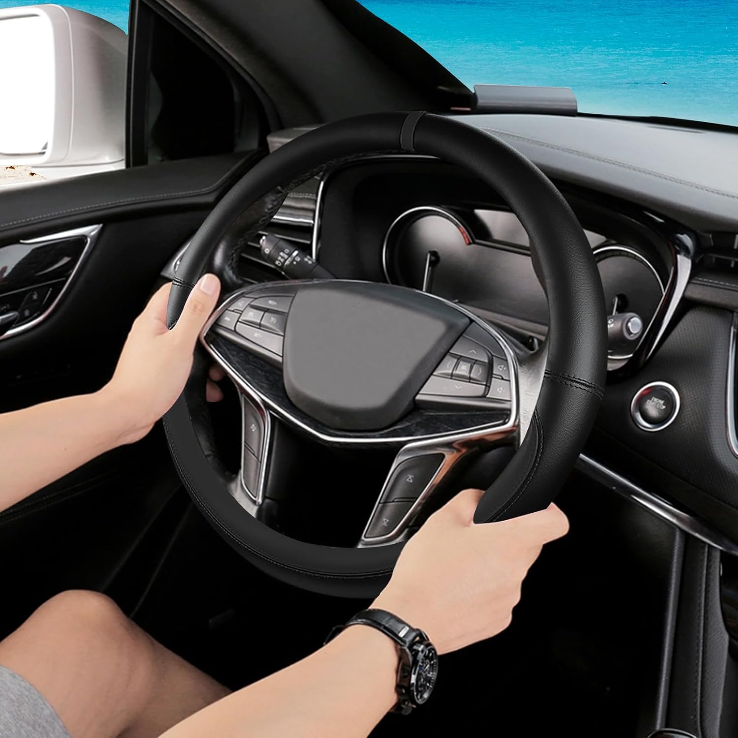 All Black Car Steering Wheel Cover, Nappa Leather, Bottom Color Blocking, Universal 14.5-15 Inch Leather Anti-Slip Breathable Auto Steering Wheel Covers for Men Women - Image 3