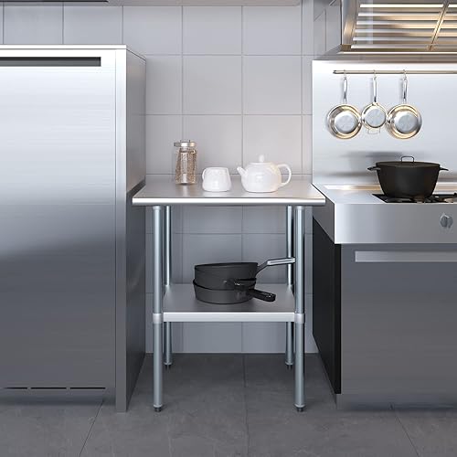 Miniatura 8 de Mesa de preparación de acero inoxidable resistente con certificación NSF para uso doméstico y comercial con estante galvanizado, patas y ruedas