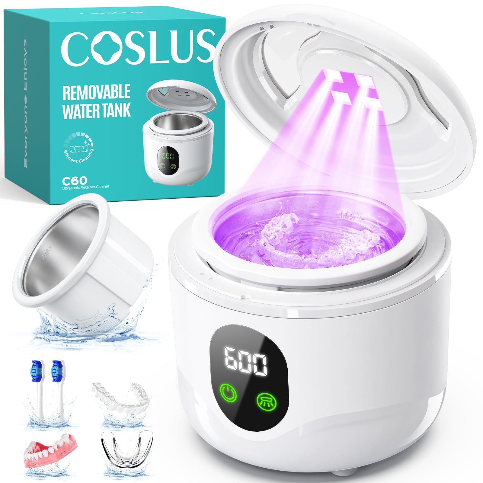 COSLUS Máquina limpiadora ultrasónica C60 de retenedor: cápsula de limpieza dental profesional de 45 kHz para prótesis, protector bucal, alineador y aparatos ortopédicos, limpieza profunda, tanque