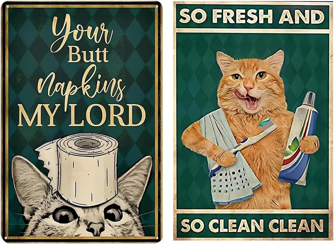 Vintage Black Cat Metal Sign, Your Butt Napking My Lord and So Fresh And So Clean Clean Funny Cat Sign Bathroom Wall Decor, Cat Retro Metal Tin Sign Gift For Cat Lovers 8x12″